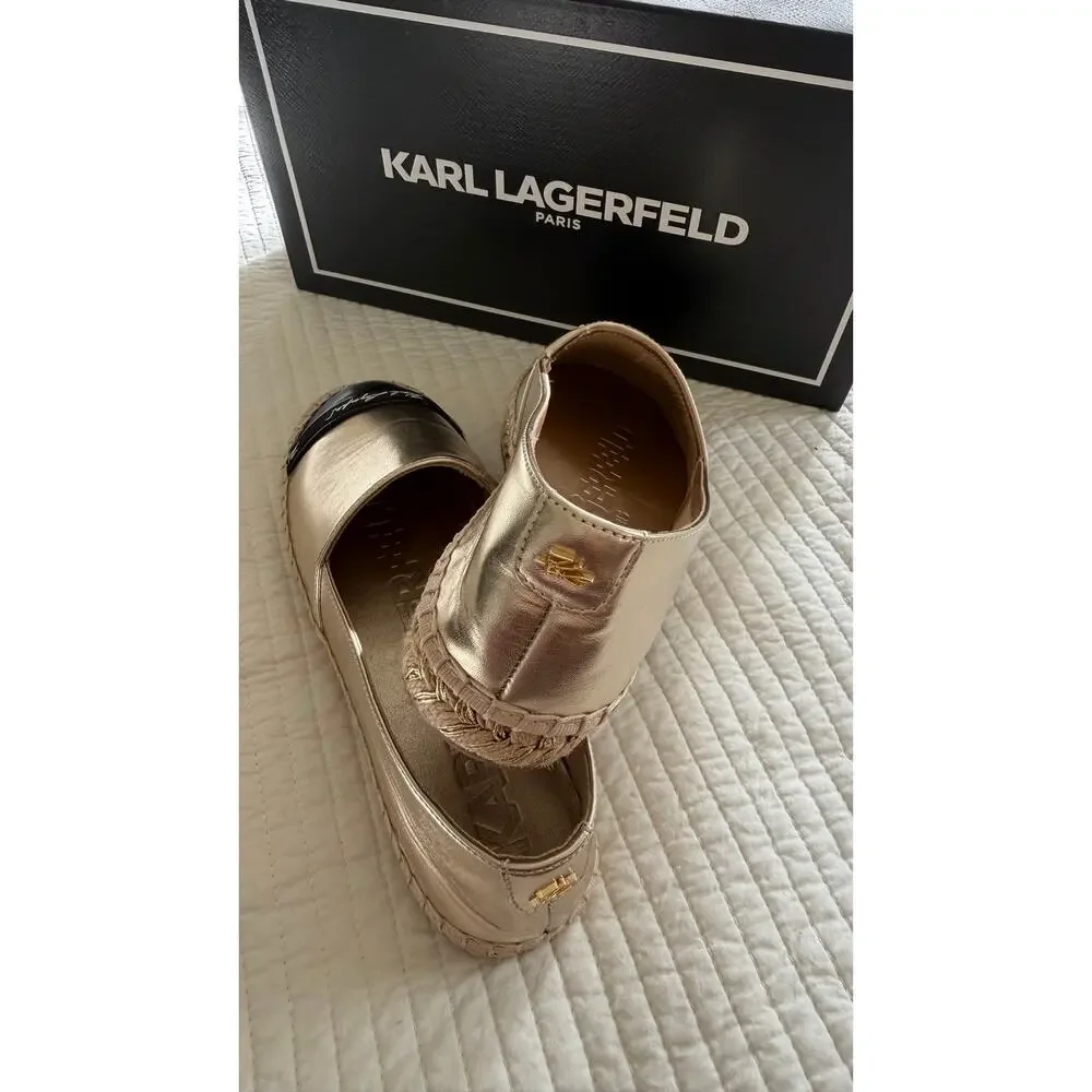 Karl Lagerfeld Paris Gold Metallic Espadrille Flats Size 6 New in Box. $109
